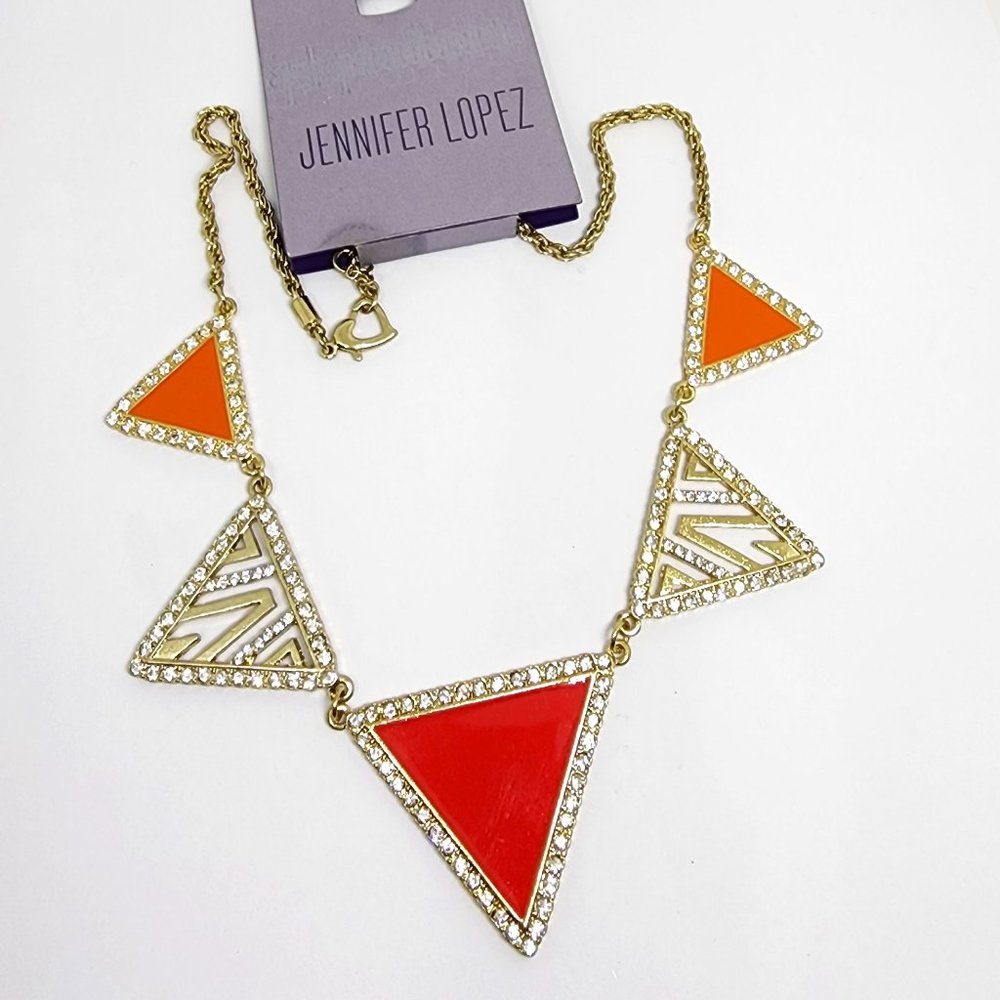 Geometric Retro Pink Orange Gold Triangles Rhinestone Accent Necklace